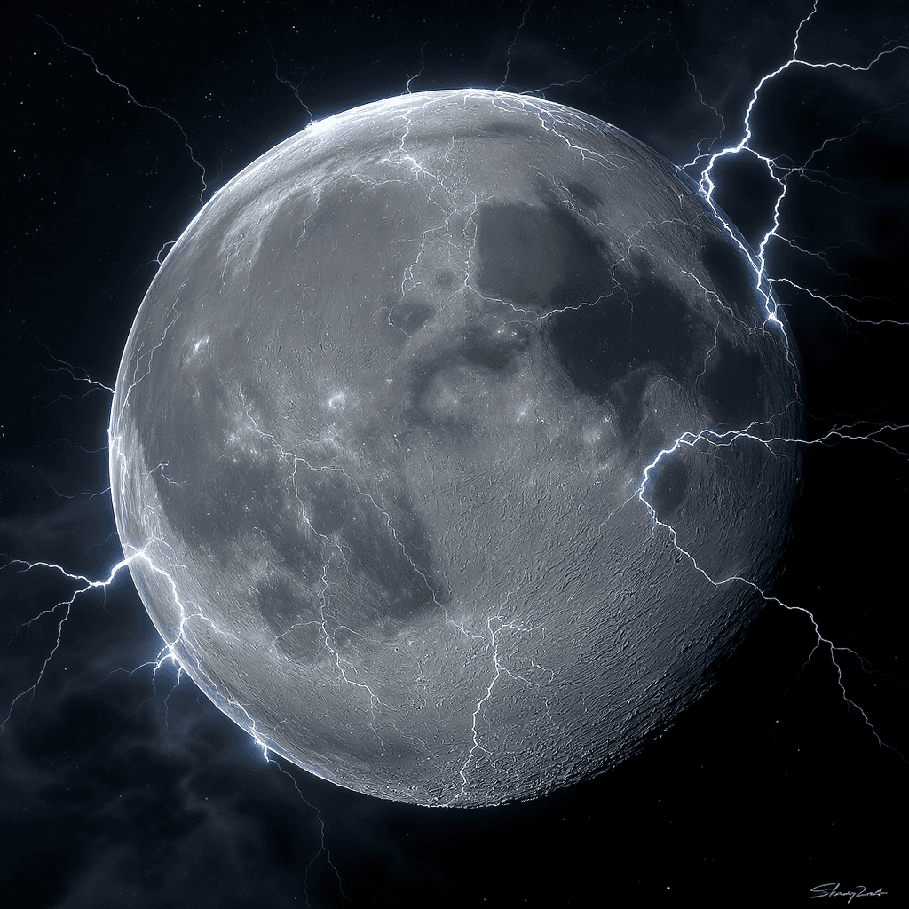 AI generated: a grey, White and black moon that has white lightning storms covering its surface with that likes li...