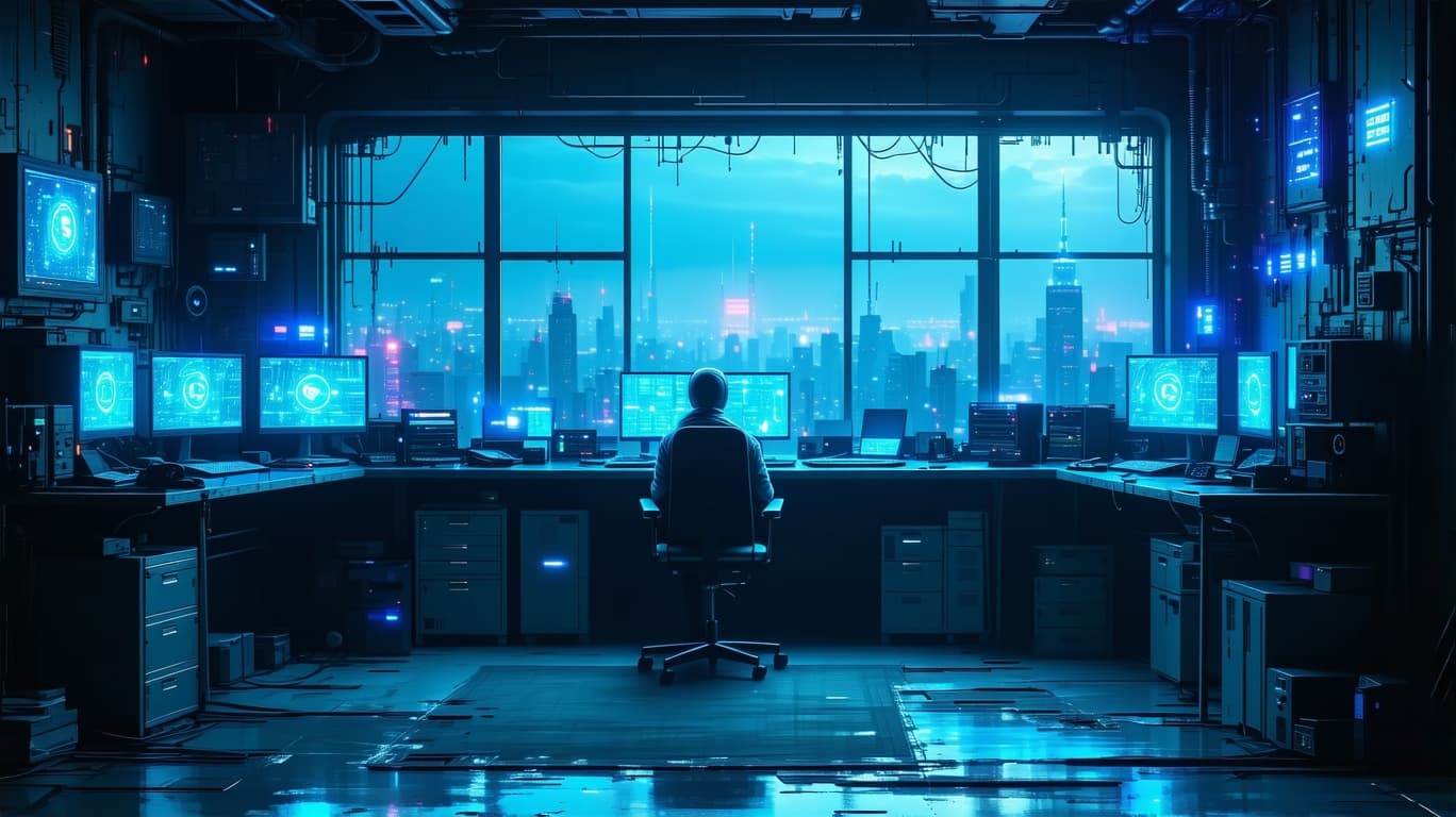 AI generated: A hidden cyberpunk hideout, dimly lit by flickering neon signs. The walls are covered in old, hacked...