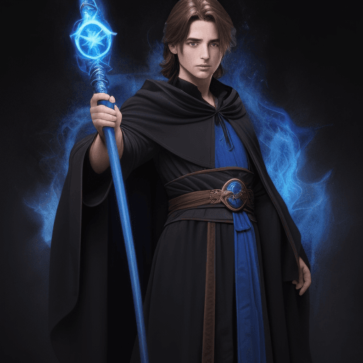 AI generated: a mage with a large wand, with blue eyes and brown hair, waering a black robe