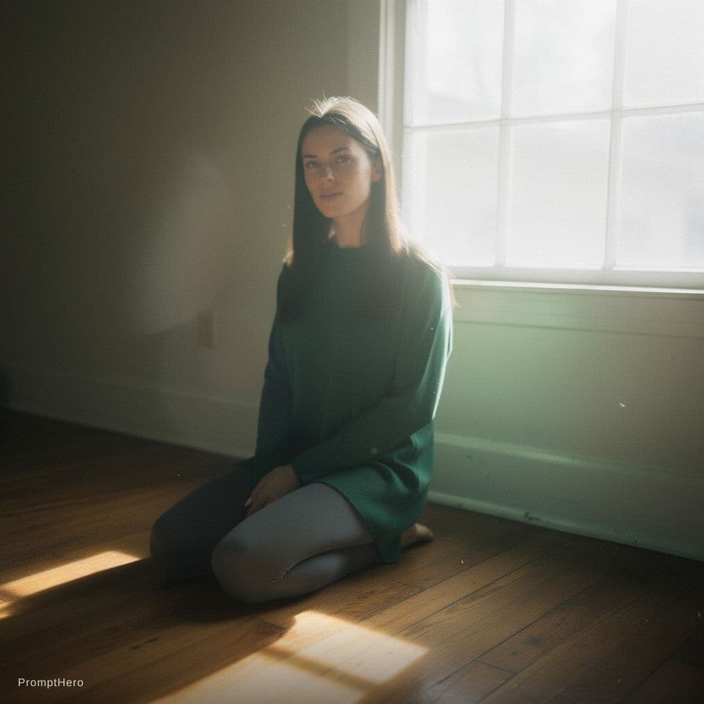AI generated: A quiet cinematic interior showing a nude figure kneeling close to a window, torso arched upward and...