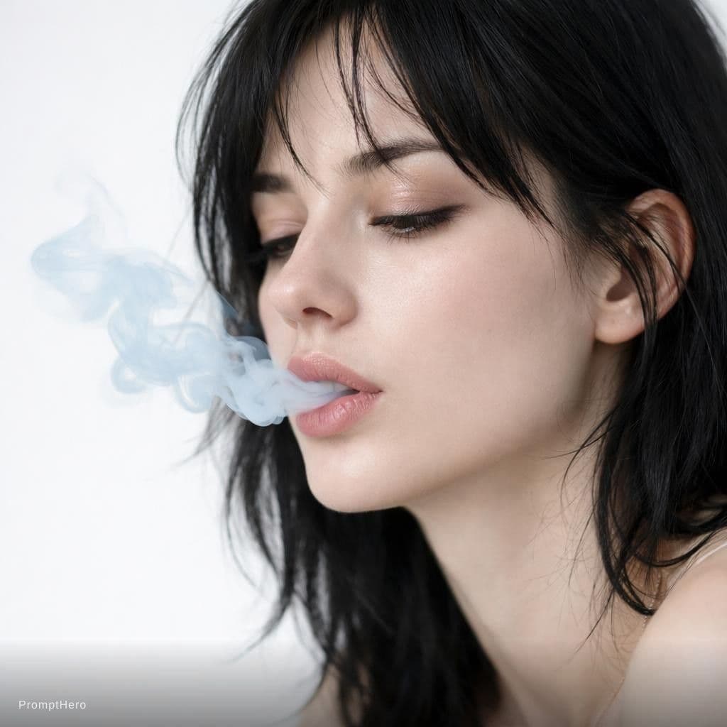 AI generated: close-up of a young woman with pale blue smoke curling from her lips against a stark white backgroun...