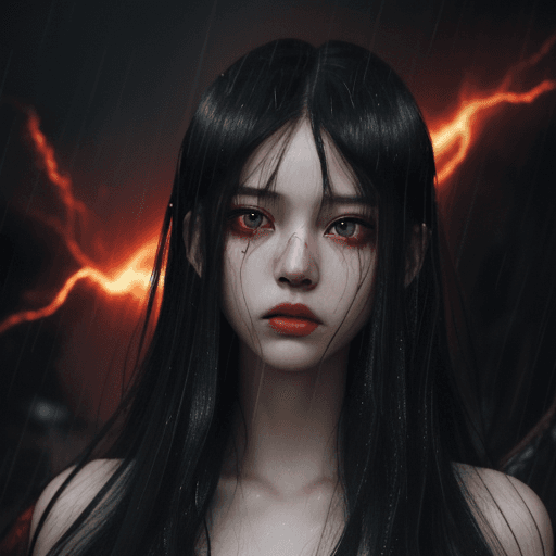 AI generated: anime::2, young god, Boss, in a rainstorm, thunders in background, scary, 4k, insane, red eyes, flam...