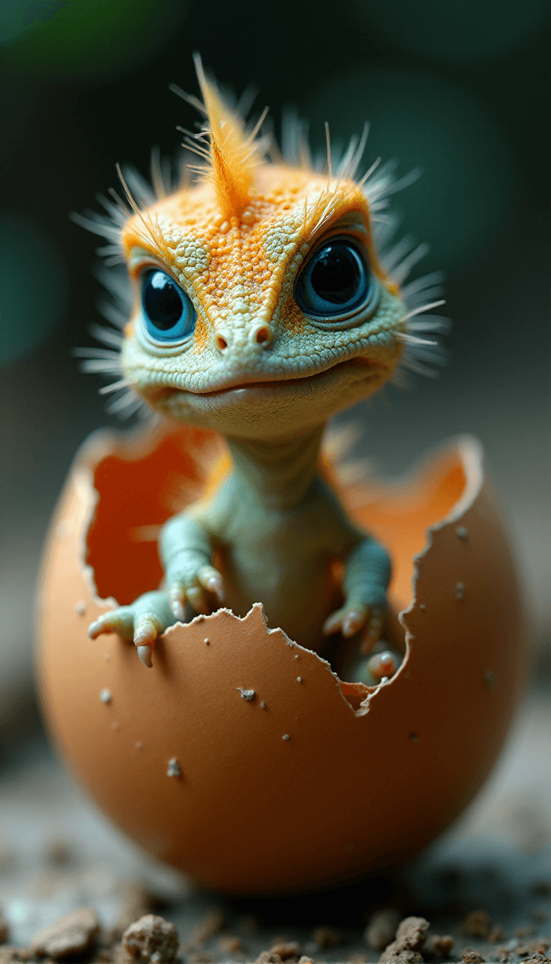 AI generated: (Photorealistic macro shot) of a (miniature newborn dinosaur) crawling out of a (broken eggshell). T...