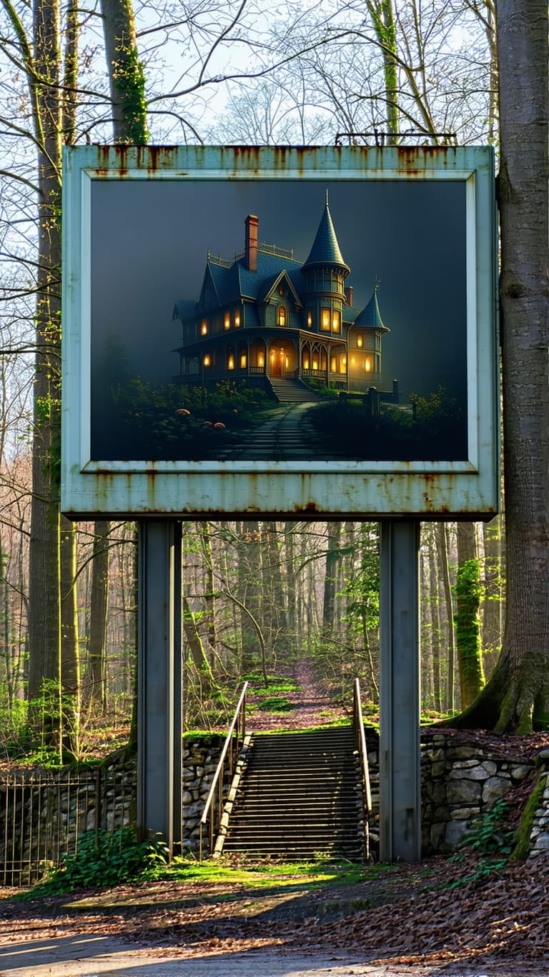 AI generated: A very detailed 1920's billboard sing advertising a haunted mansion, picturing the mansion with a ol...
