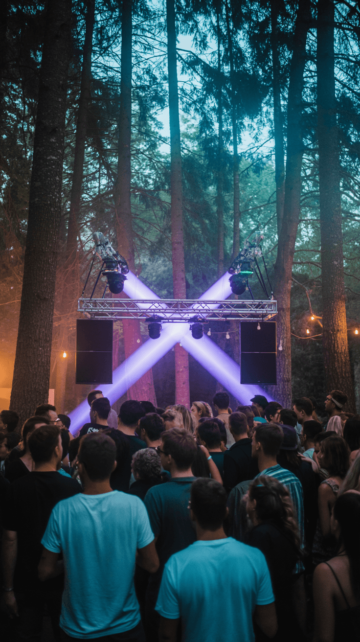 AI generated: Describe a party taking place deep in a forest, featuring 4 Funktion One speakers arranged to create...