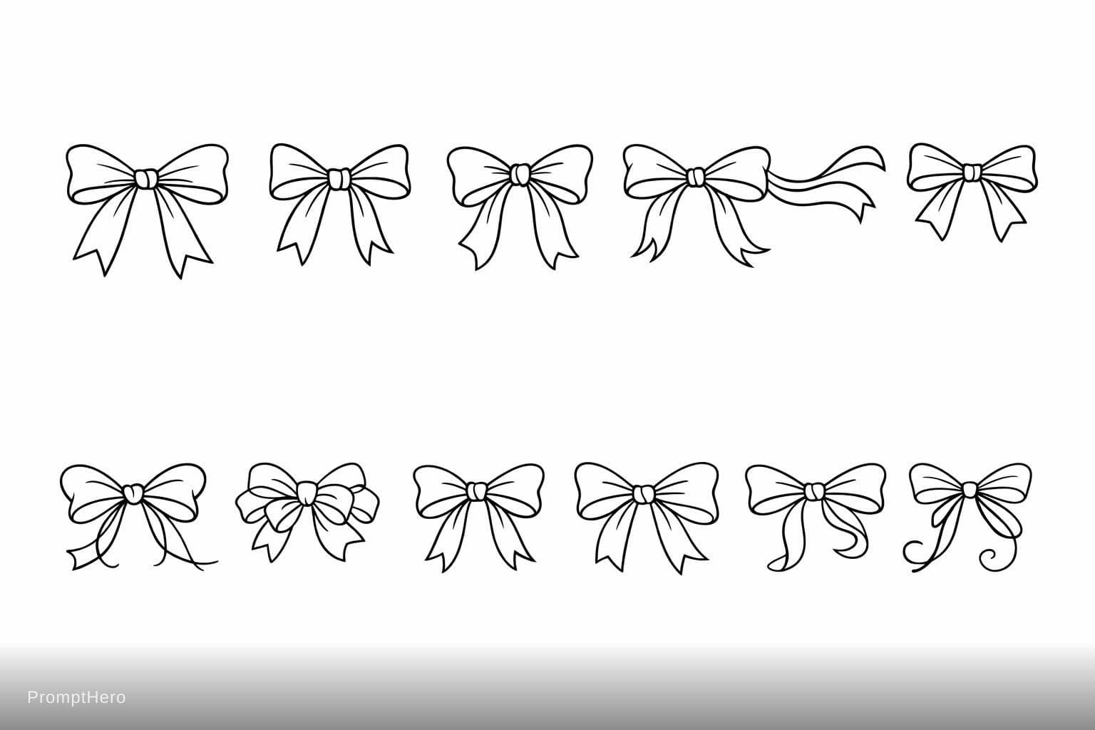 AI generated: collection of 10 unique ribbon bows, black outline vector line art, feminine bow shapes with elegant...
