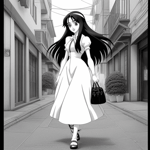 AI generated: no color, perfect anime illustration, extreme closeup portrait of a pretty woman walking through the...