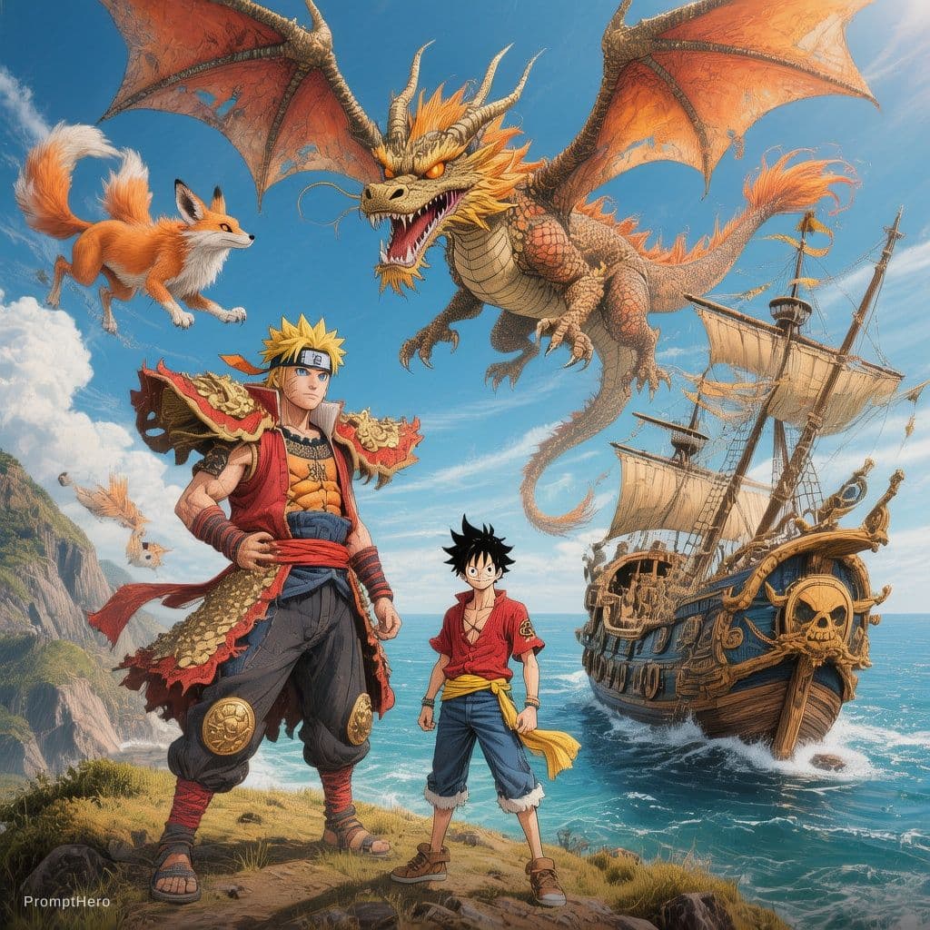 AI generated: poster of warrior anime characters the big 3 naruto goku luffy| standing on hill | near to the sea |...