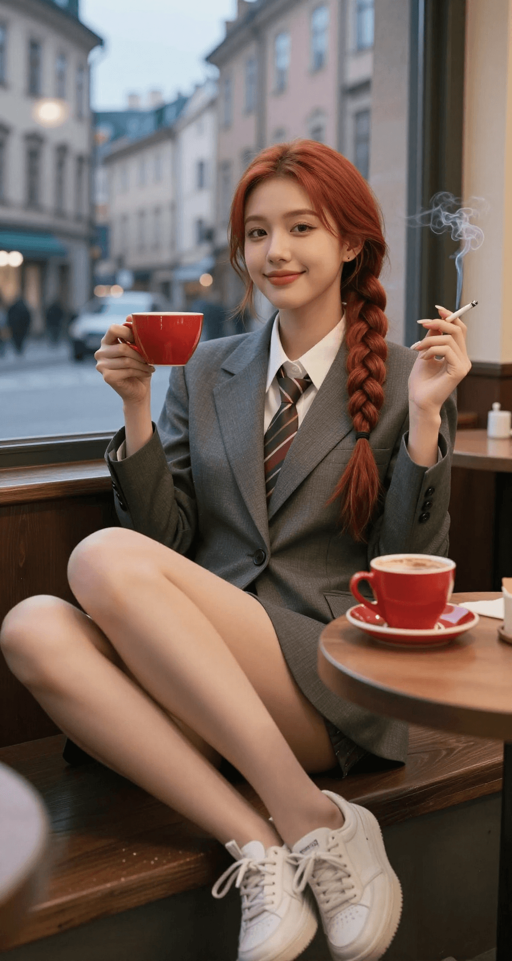 AI generated: A young Asian woman in her twenties with red hair, an one long thick braids, a slight smile, a full-...