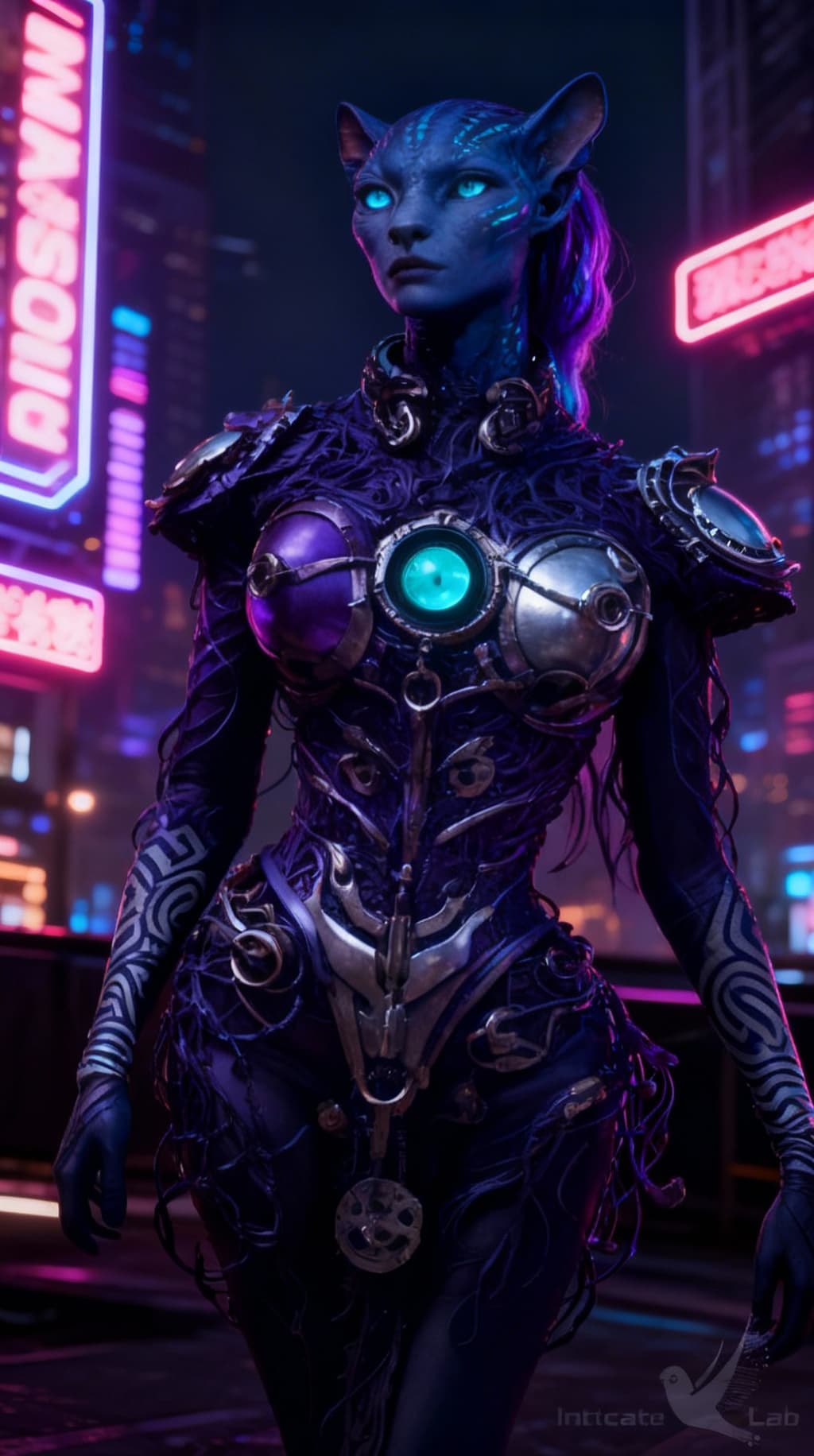 AI generated: Blend anthropomorphic to create a new anthropomorphic, alien hybrid. Give a Nightlife backdrop, and ...