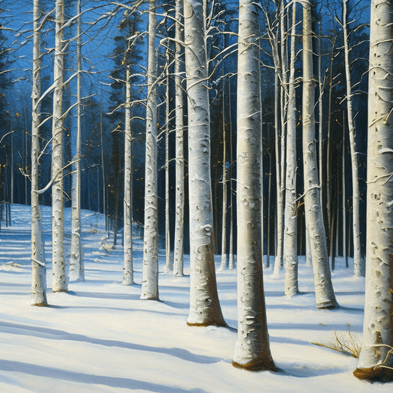 AI generated: an oil painting of some trees in the snow, shutterstock, american scene painting, spruce, pine and b...