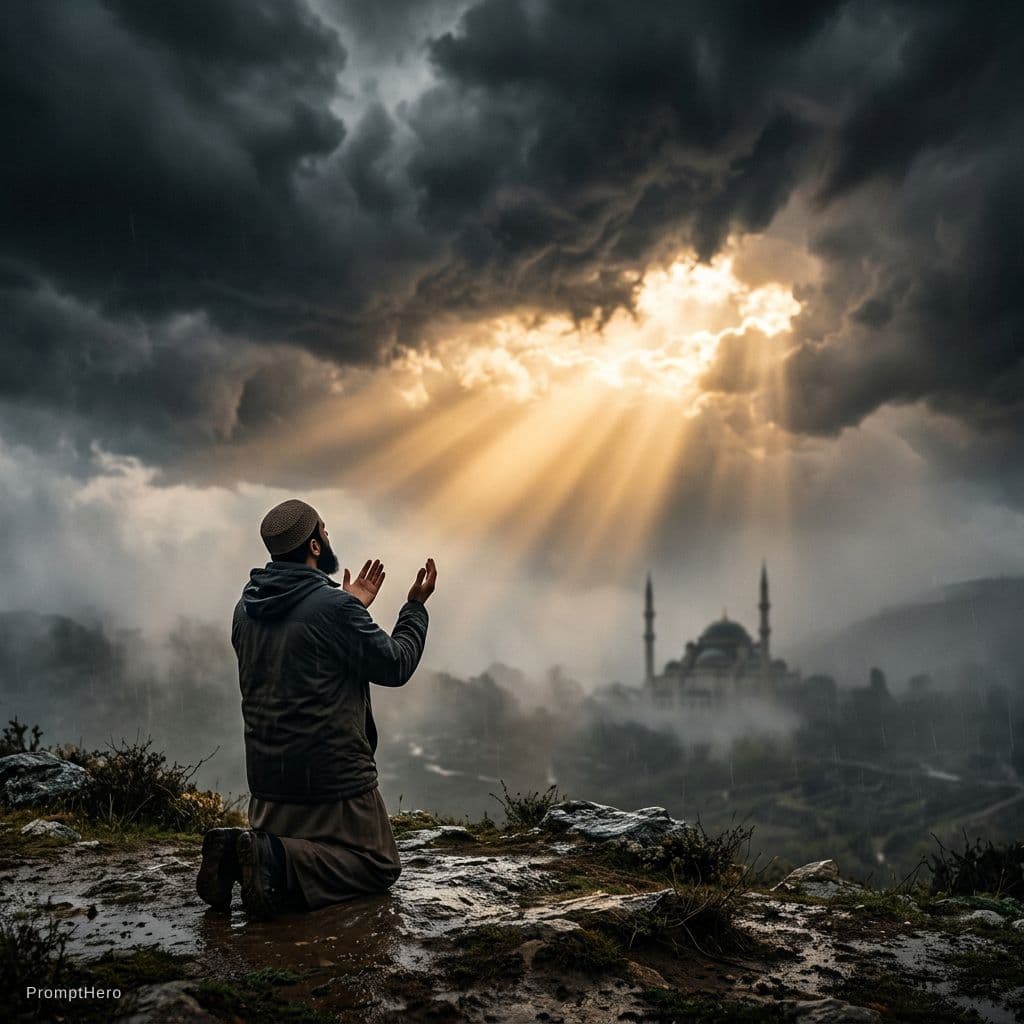 AI generated: Dramatic stormy sky cinematic scene, 1080x1080, lone Muslim raising hands in dua, soft golden rays b...