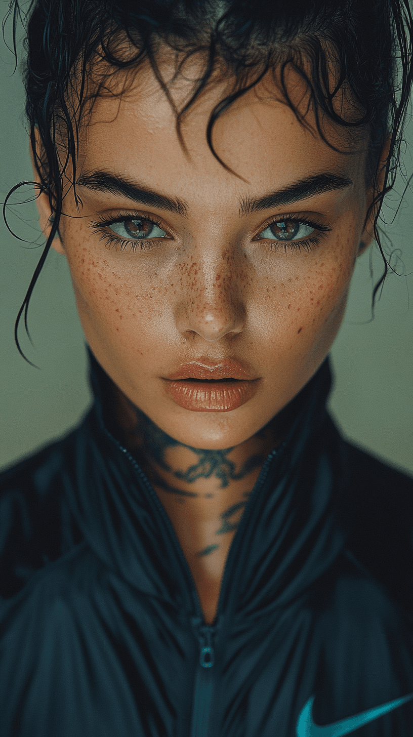 AI generated: Symetrical ultra Closeup of a dope faced tattoed model, dark mirror glazed Nike sport outfit, Minima...
