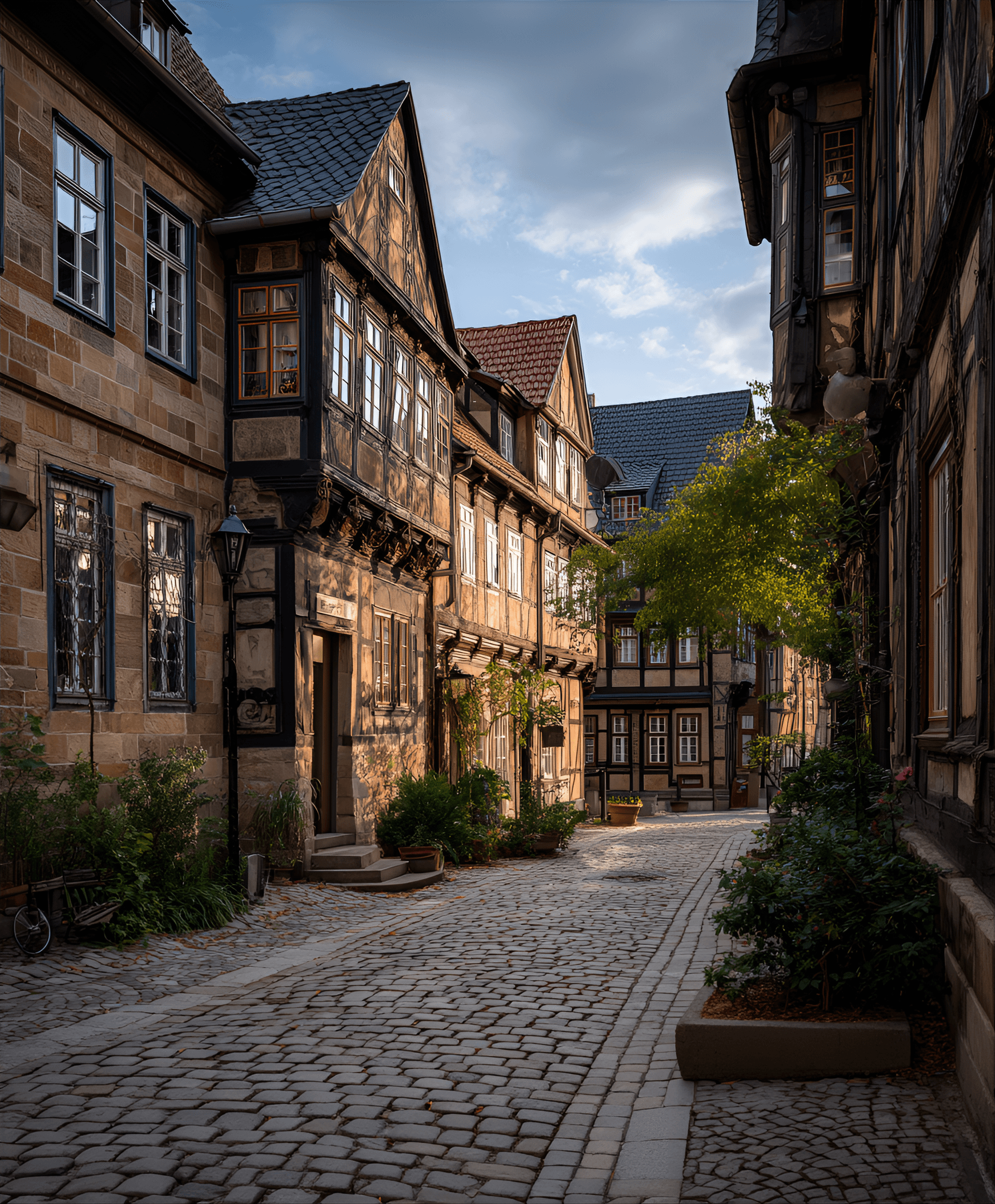 AI generated: 19th century Fachwerk houses in Quedlinburg, Germany,timberframed structures, cobblestone streets, h...