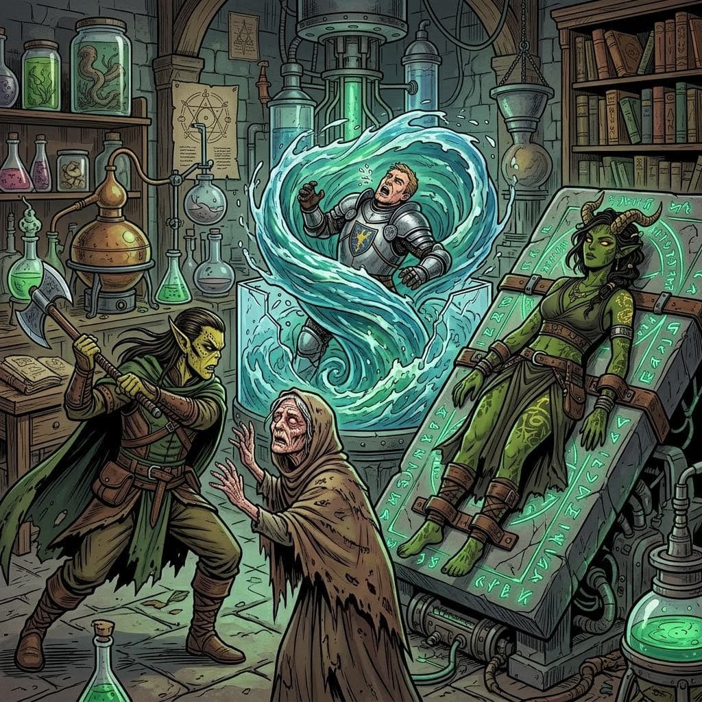 AI generated: a male githzerai ranger attacking a blind old woman with no eyes while a noble knight struggles as h...