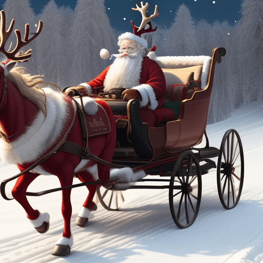 AI generated: Santa claus is riding in a horse drawn carriage with reindeers, cinnematic, 8k