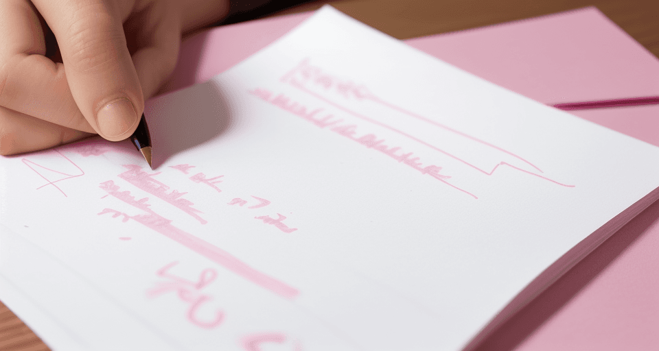 AI generated: Close-up of the hand writing/
a pink paper with a resume written on it
crumpled paper on the desk/