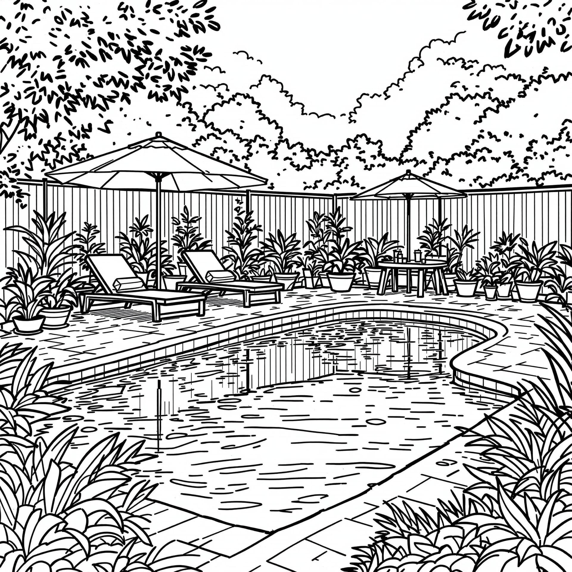 AI generated: High-resolution black-and-white line drawing of a serene swimming pool: Include detailed elements su...