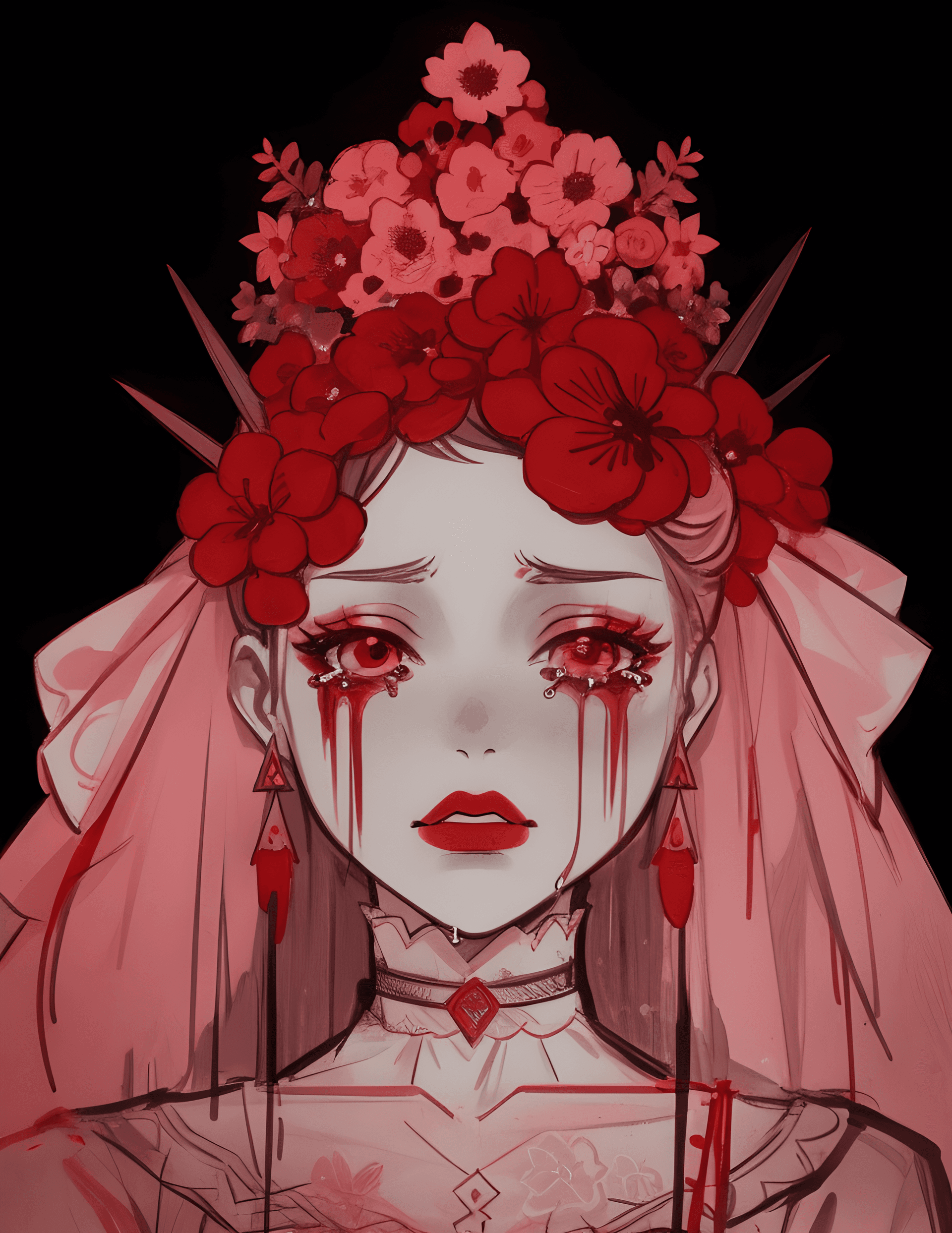 AI generated: a drawing of a woman with flowers on her head, an anime drawing, tumblr, gothic art, red tears, warp...