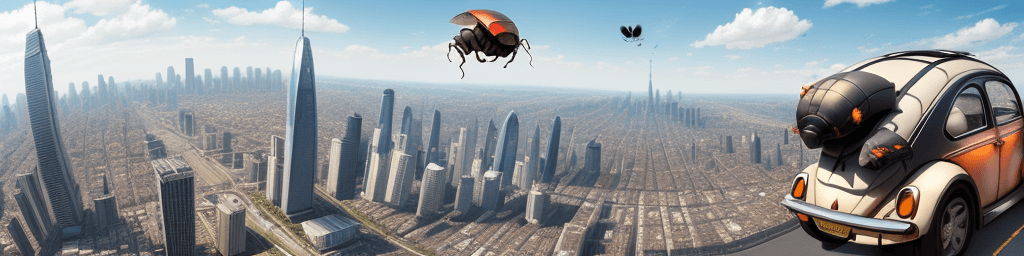 AI generated: a panorama of a big city with a big, beautiful Beetle carrying a package through the air like a lett...