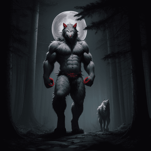 AI generated: grey strong furry werewolf with red demonic red eyes standing on two legs in magical dark forest wit...