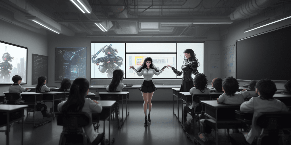 AI generated: A panoramic view of a cyberpunk and future style classroom, gorgeous teacher is teaching innovation ...
