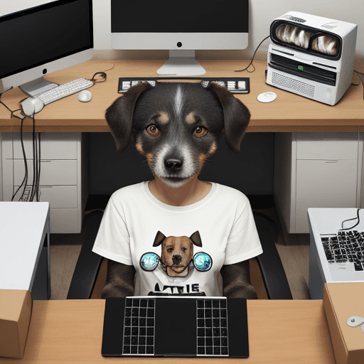 AI generated: cute dog wearing  t shirt that says ACTURIS
,surrounded by computers and server and wire