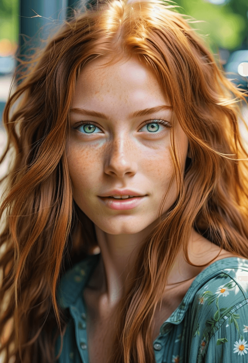 AI generated: HDR photo of naturally beautiful young woman with long ginger hair and light green eyes, perfect eye...