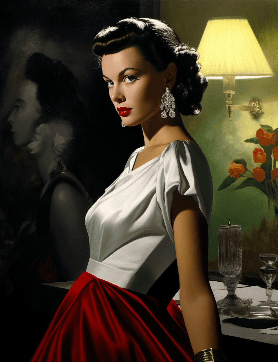 AI generated: a woman wearing a white gown and diamond earrings, in the style of glamorous pin-ups, dark red and l...