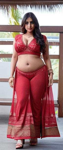 AI generated: A photo of a 32-year-old indian women dressed in an Indian red blouse, red panties, thick body,  thi...
