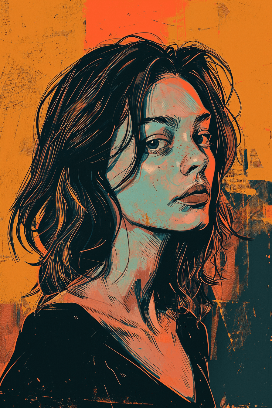 AI generated: illustration of a [white woman] with [half light blonde and half dark brown hair]. [Her hair is shou...