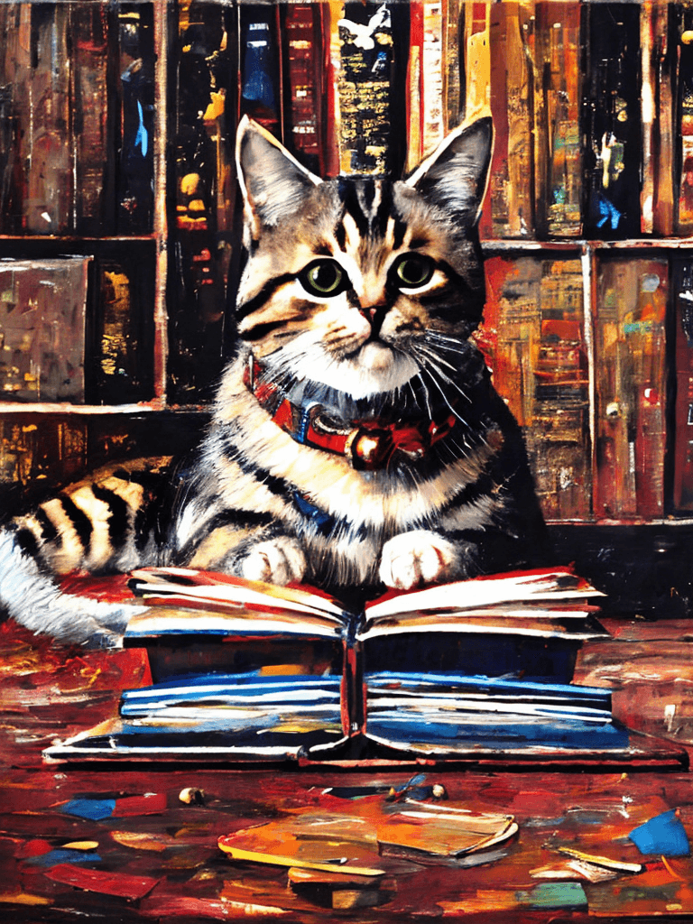 AI generated: oil painting of a cat writing a book, futuristic clothing, masterpiece, expressionist, abstract, pai...