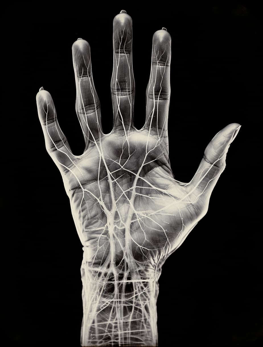 AI generated: An X-ray image of the blood vessels of the hand made using mercury injection, 1896 --v 5.2 --ar 3:4