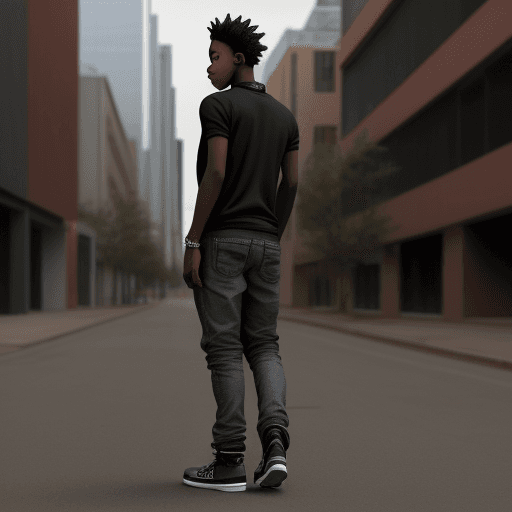 AI generated: A black boy with tresas in an urban style the alone looking forward with power. 