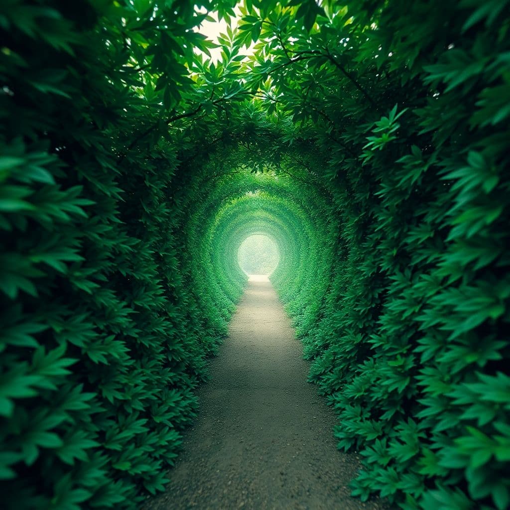AI generated: water color feel, image of a straight infinite round tunnel of dense greeneries, no details, fractal...