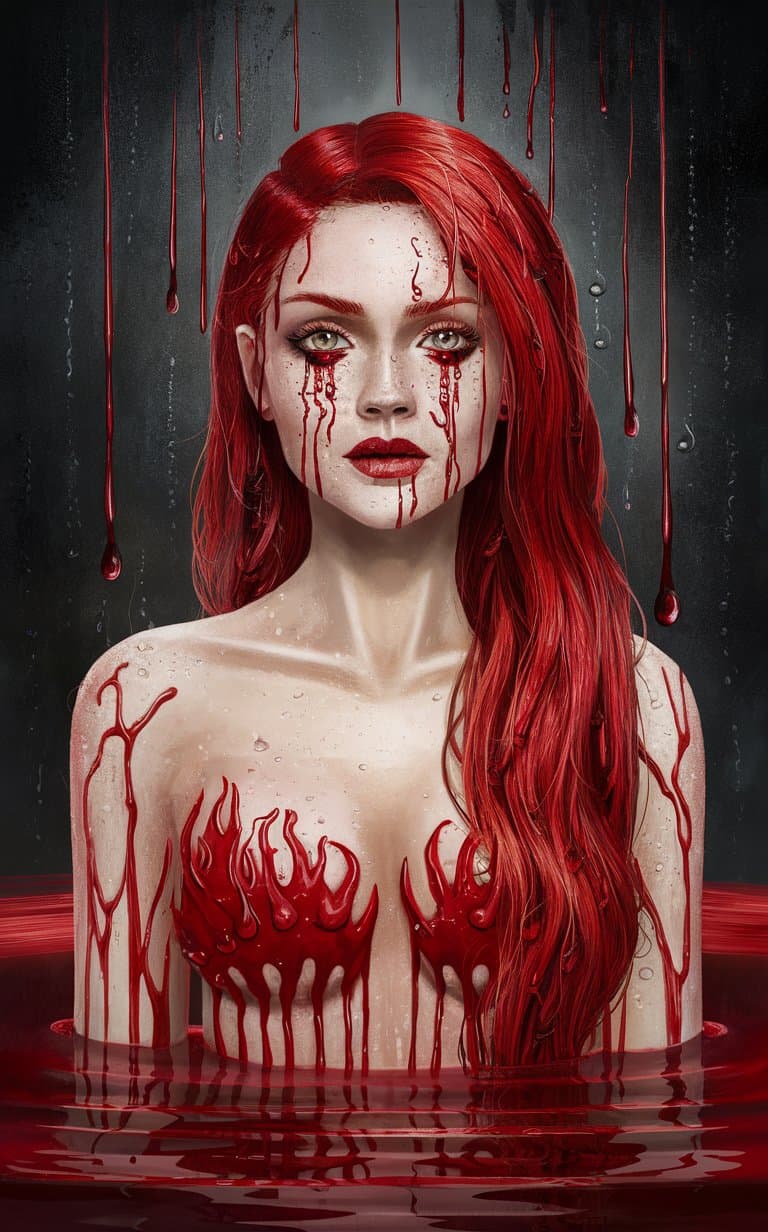 AI generated: A full body portrait of a woman made of blood, half body is submerged in blood, red long hair depict...