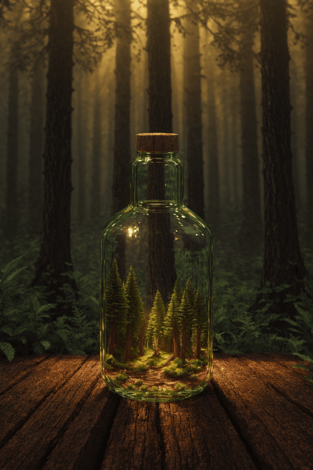 AI generated: (An intricate forest minitown landscape trapped in a bottle), atmospheric oliva lighting, on the tab...