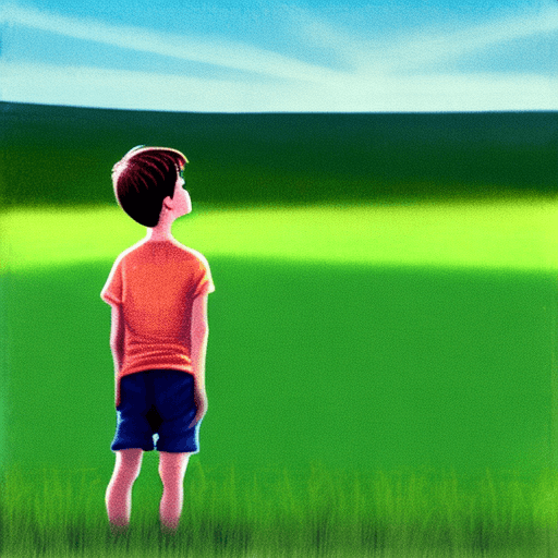 AI generated: boy standing on the lawn,
arms stretched high 
head up
Eyes lost in the horizon,
thinking about thin...