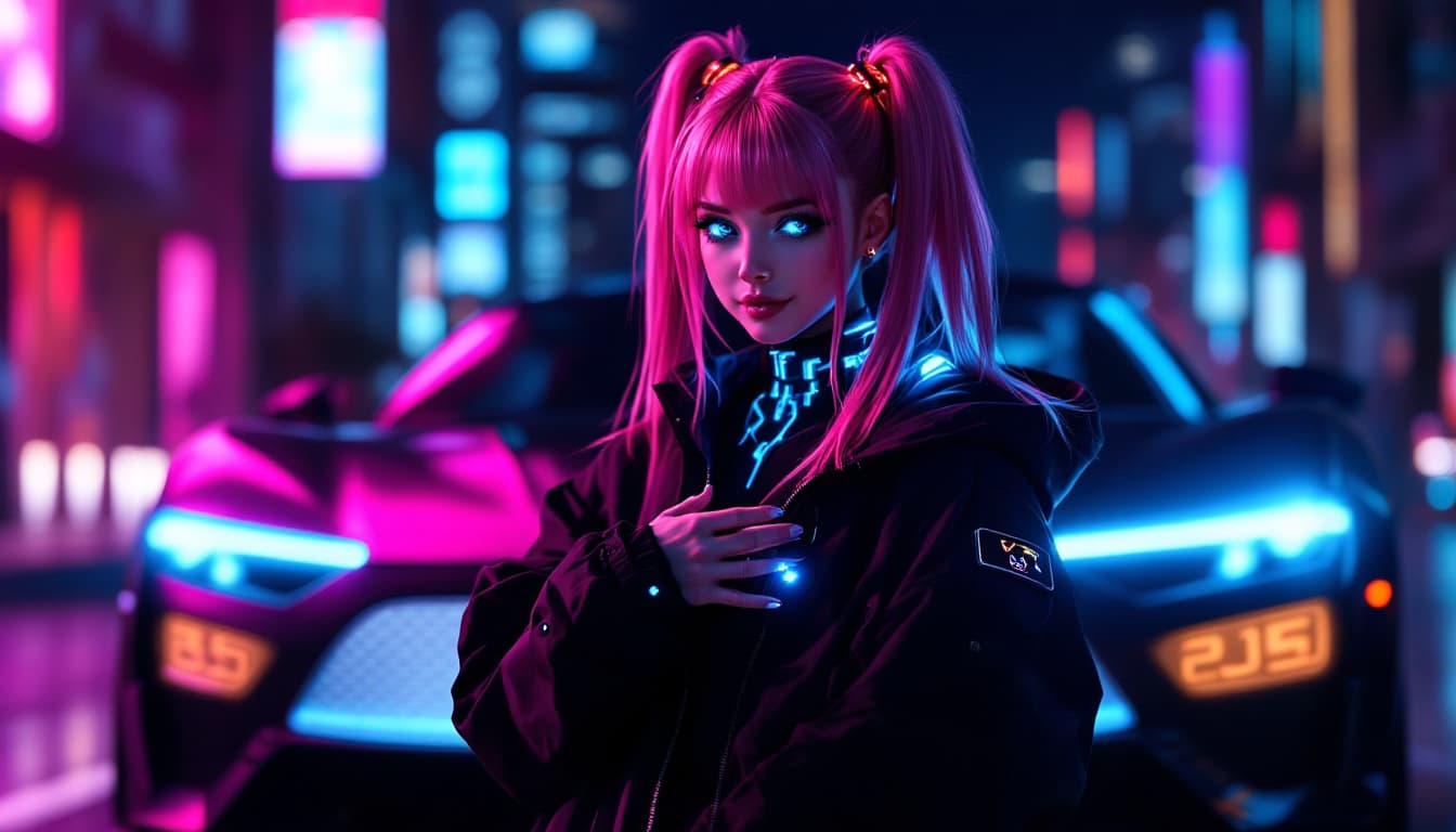 AI generated: A full-body cyberpunk girl stands in front of a sleek black car glowing with soft neon blue light, a...