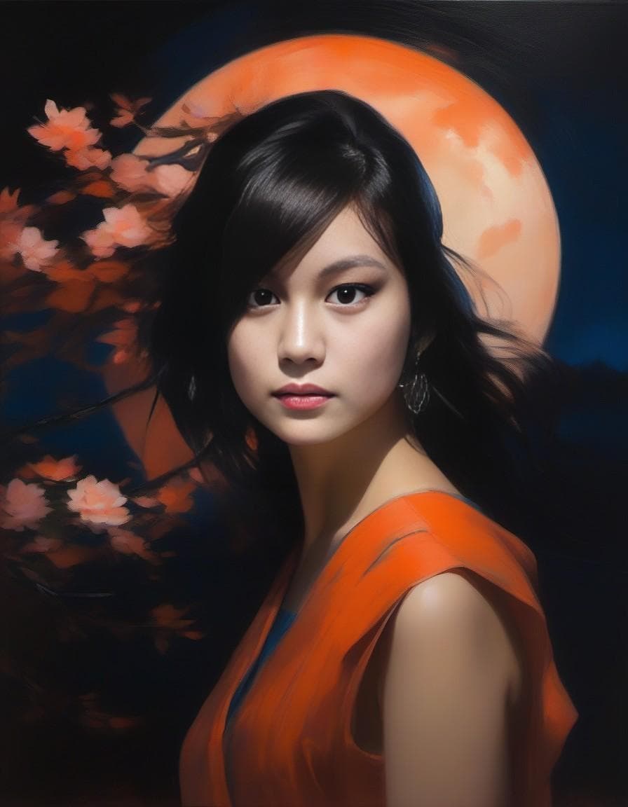 AI generated: the moonlight in bloom, painting, in the style of bay area figurative art, orange, realist figure pa...