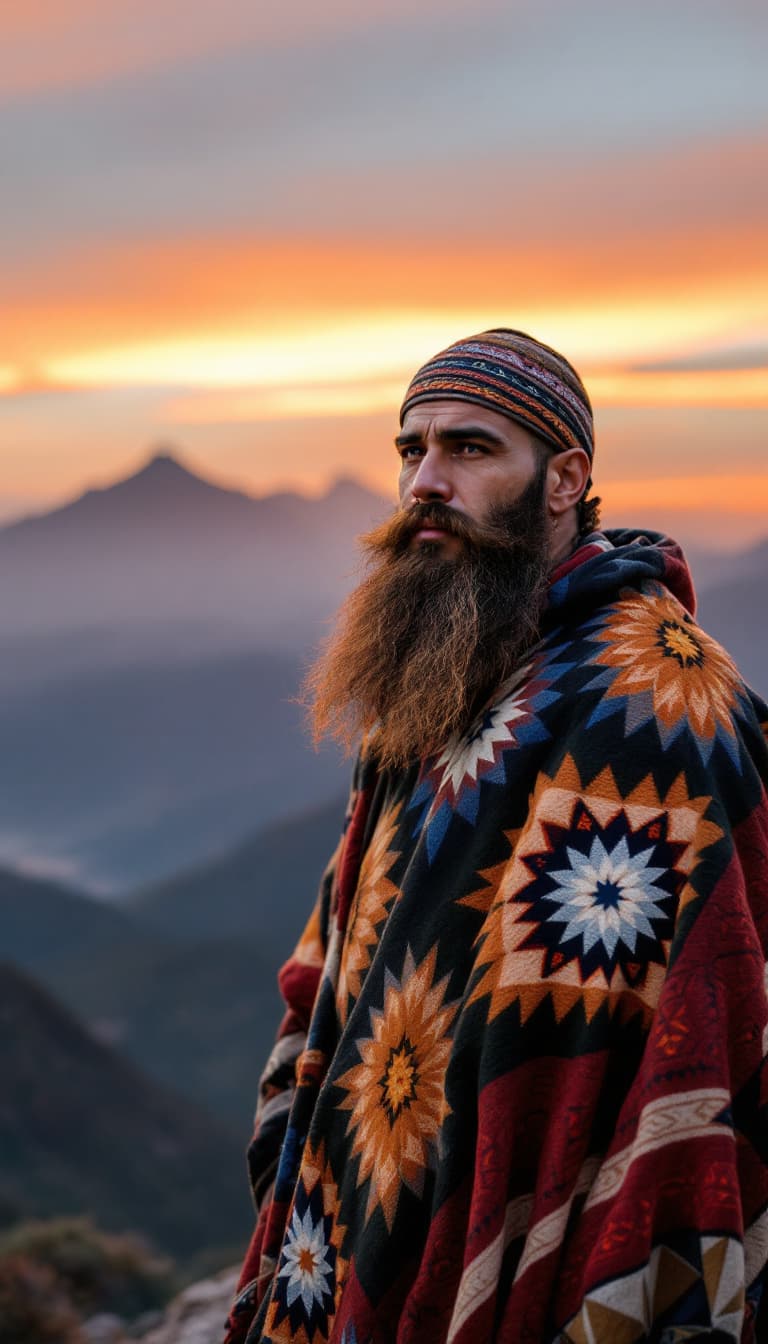 AI generated: "A 35-year-old Muslim man with a long brown beard, wearing a poncho with Islamic-inspired geometric ...