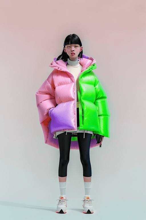 AI generated: a young brunertte european asian girl wearing nothing but a poncho oversized puffer jacket, inspired...