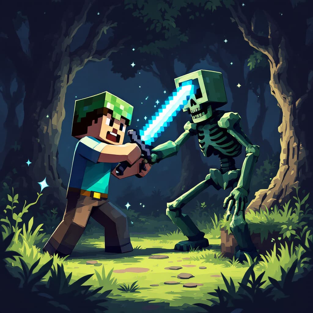 AI generated: steve from minecraft in a forest attacking a skeleton with a diamond sword