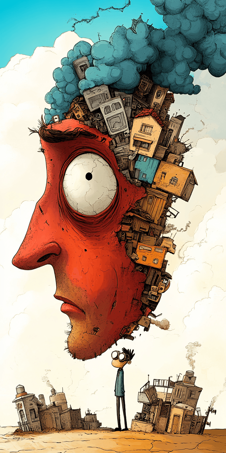 AI generated: cartoon with a colorful face surrounded by a city, in the style of tim doyle, industrial forms, pack...
