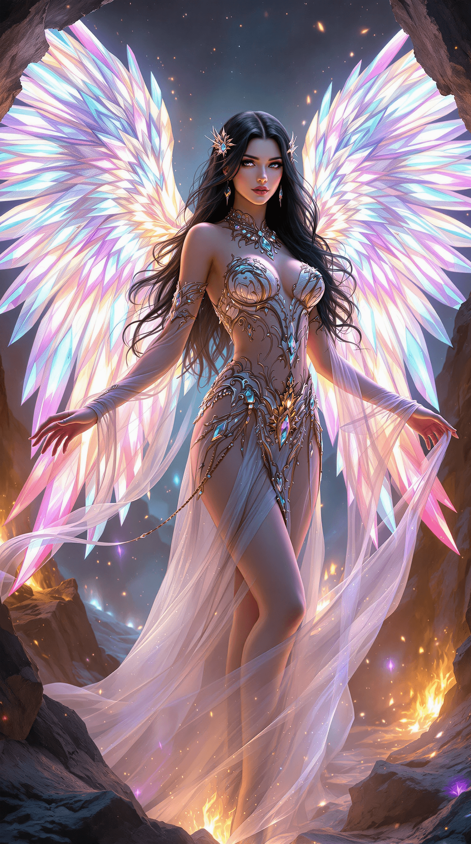 AI generated: (Ultra-high resolution, Hyper-detailed fantasy artwork, Mystical angel with radiant wings:1.5) a str...