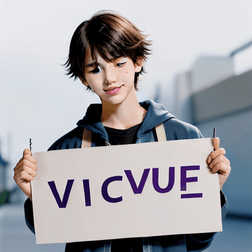 AI generated: cute 16 year old anime boy with a slight yet sympathetic smile holding a sign that says "vc?" with b...