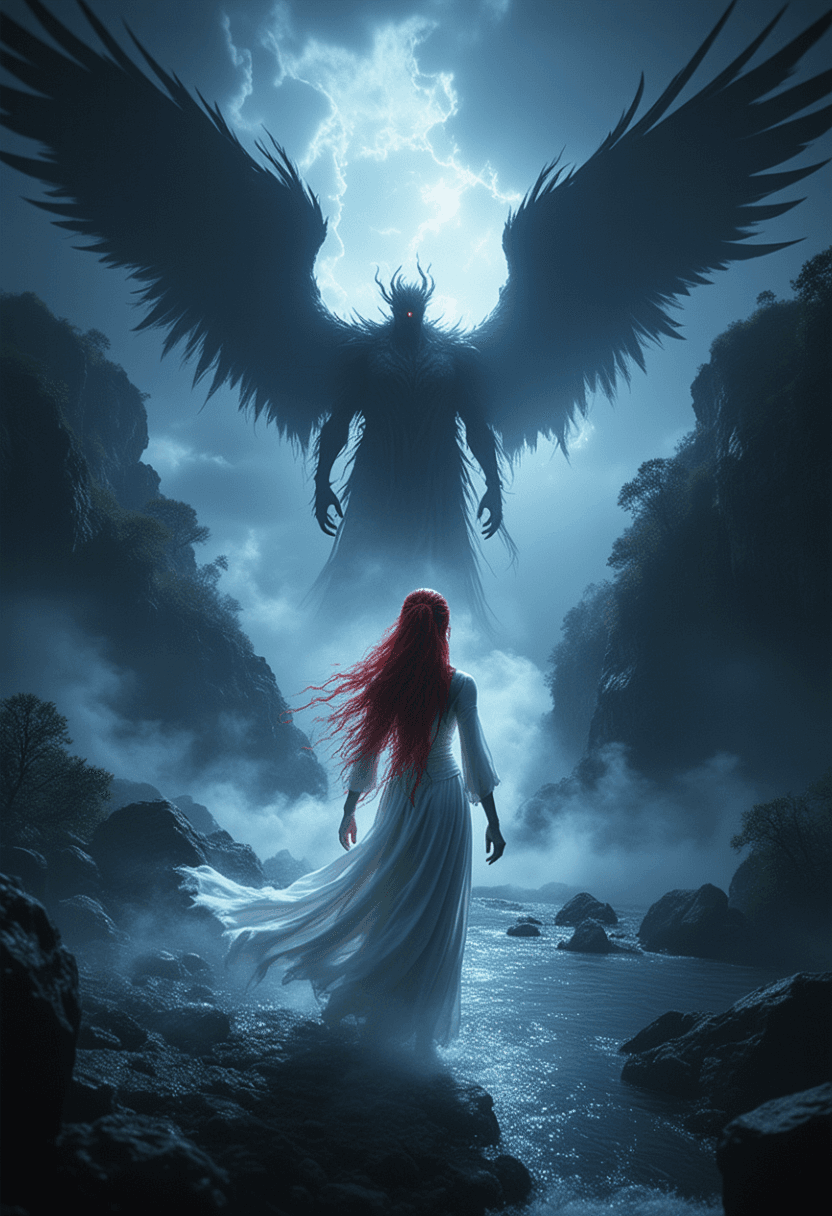 AI generated: Viewed from a close-up, rear and lower perspective of a spectral woman with long red hair, stands on...