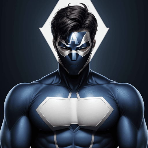AI generated: superhero named "Ubicuo" blue suit with a white letter U on the chest, arms crossed, handsome, perfe...