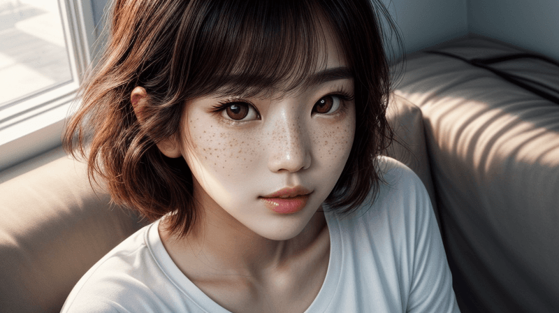AI generated: line art drawing detailed and realistic portrait of a beautiful korean woman with a few freckles, ro...