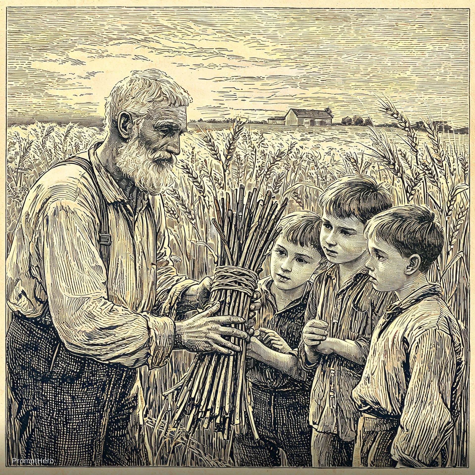AI generated: Realistic / Painterly Style:

An elderly farmer with weathered hands and a white beard, sitting on a...